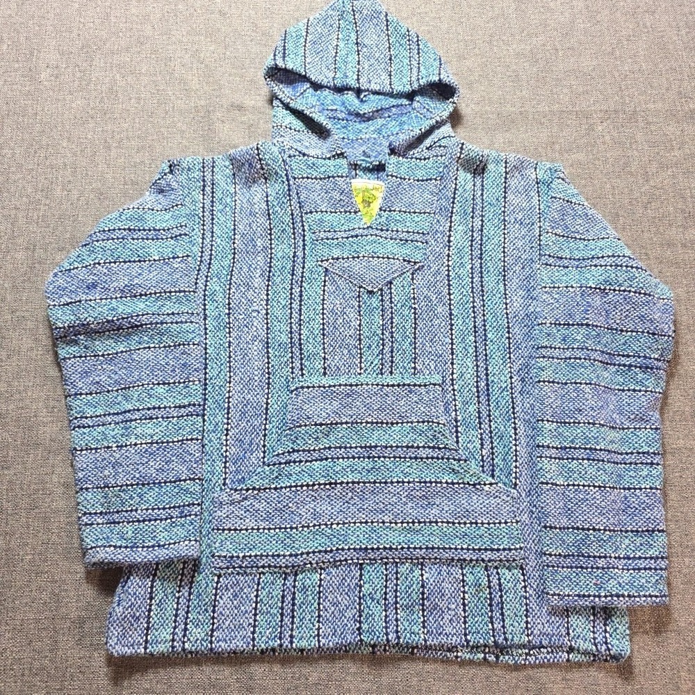 Iguana Jack Baja Hoodie Rug Pullover Striped Festival Hippie Medium Green / Blue